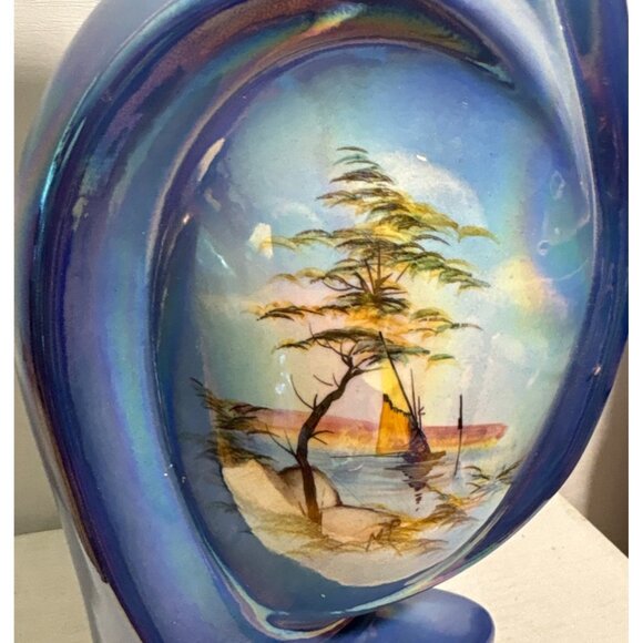 Vintage SCAR Italy Vase Art Deco Blue Iridescent Finish Nautical Sailboat 10" - Picture 2 of 7